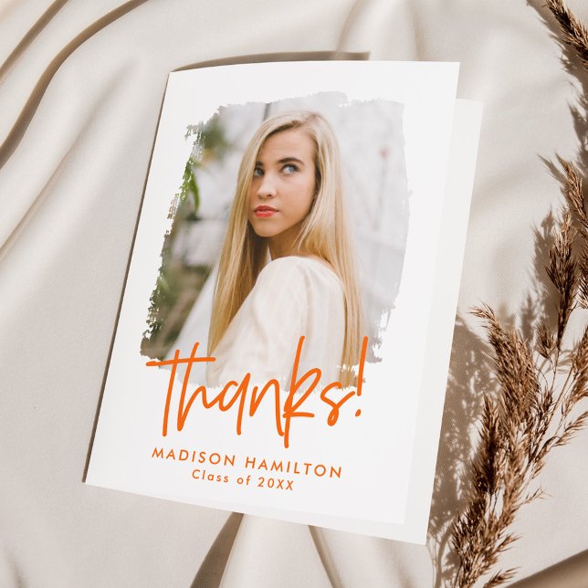 Preppy Orange Script Photo Graduation Letterpress Thank You Card (Creator Uploaded)