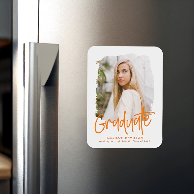 Preppy Orange Script Photo Graduation Magnet (Creator Uploaded)