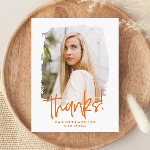 Preppy Orange Script Photo Graduation Thank You Postcard