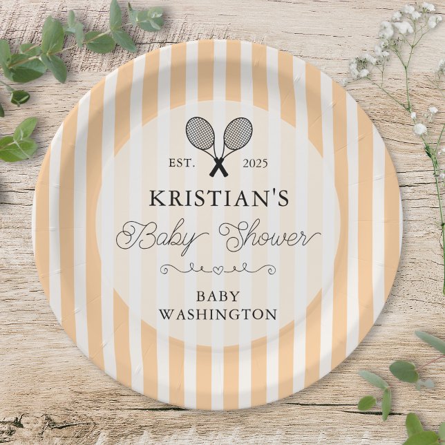 Preppy Orange Tennis Country Club Baby Shower Paper Plates (elegant orange tennis theme stripes baby shower paper plate with preppy chic personalization names)