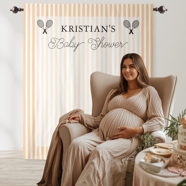 Preppy Orange Tennis Theme Baby Shower Backdrop (orange and white strip tennis theme baby shower photo backdrop tapestry decor)