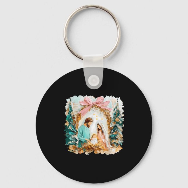 Preppy Painted Christian Nativity Scene God Faith  Keychain (Front)