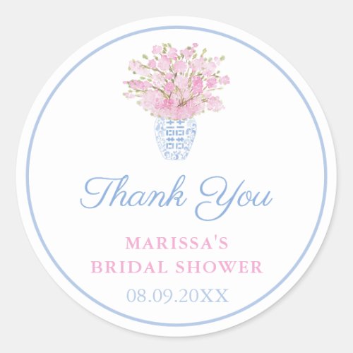 Preppy Pale Blue Blush Chinoiserie Wedding Shower Classic Round Sticker