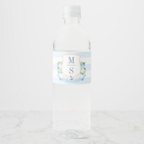 Preppy Pale Blue Coastal Monogram Wedding Shower Water Bottle Label