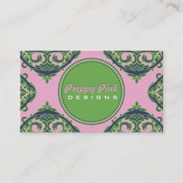 Preppy Pale Pink, Green & Blue Damask Business Card (Front)