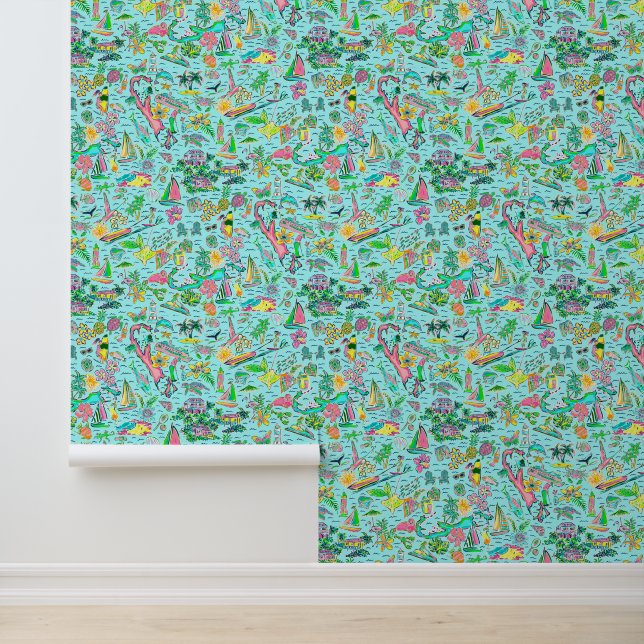 Preppy Palm Beach Aqua Bermuda Print Wallpaper (Application)