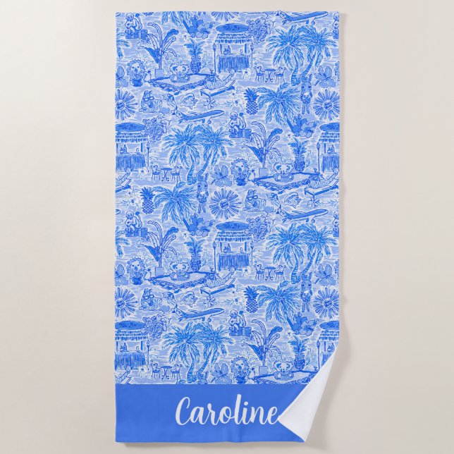 Preppy Palm Beach Blue Animal Vacation Personalize Towel (Front)