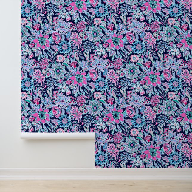 Preppy Palm Beach Blue & Pink Flowers Wallpaper (Application)