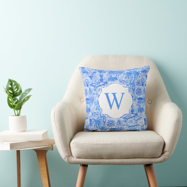 Preppy Palm Beach Blue White Vacation Monogram Throw Pillow (Chair)