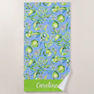 Preppy Palm Beach Blue with Limes Personalized Beach Towel