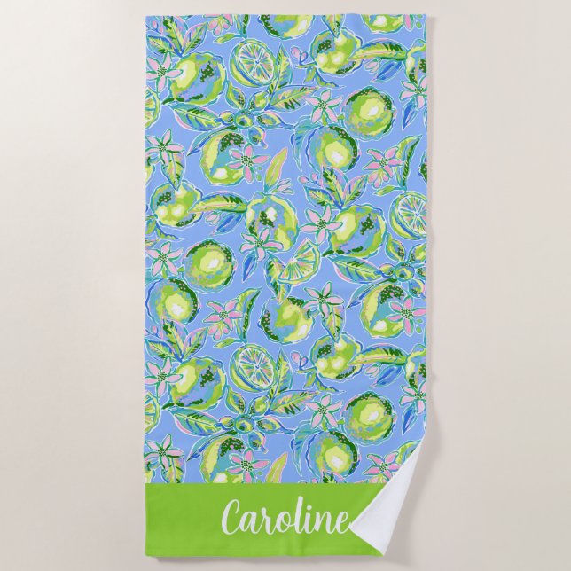 Preppy Palm Beach Blue with Limes Personalized Beach Towel (Front)