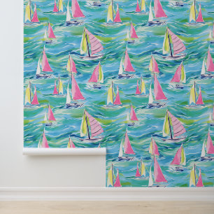 Preppy Palm Beach Colorful Watercolor Sailboats Wallpaper