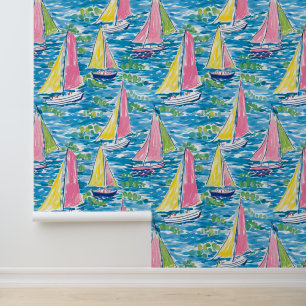 Preppy Palm Beach Colorful Watercolor Sailboats Wallpaper