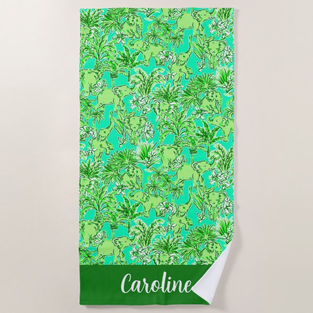 Preppy Palm Beach Green Elephants Personalized Towel (Front)