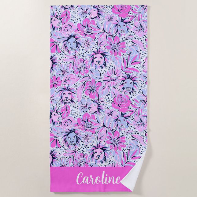 Preppy Palm Beach Lavender Lions Personalized Beach Towel (Front)