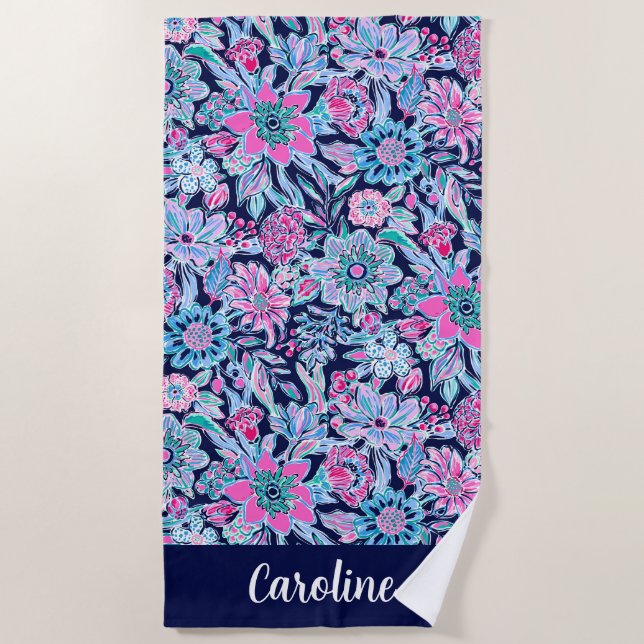 Preppy Palm Beach Navy Lavender Floral Personalize Towel (Front)