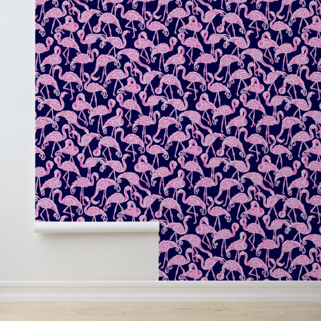 Preppy Palm Beach Navy & Pink Flamingos Wallpaper (Application)