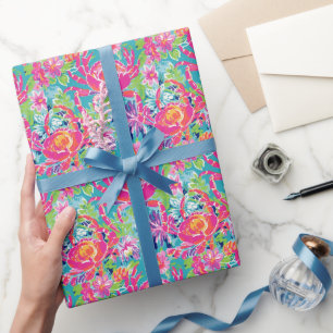 Preppy Palm Beach Ocean Floral Crabs Pattern Wrapping Paper