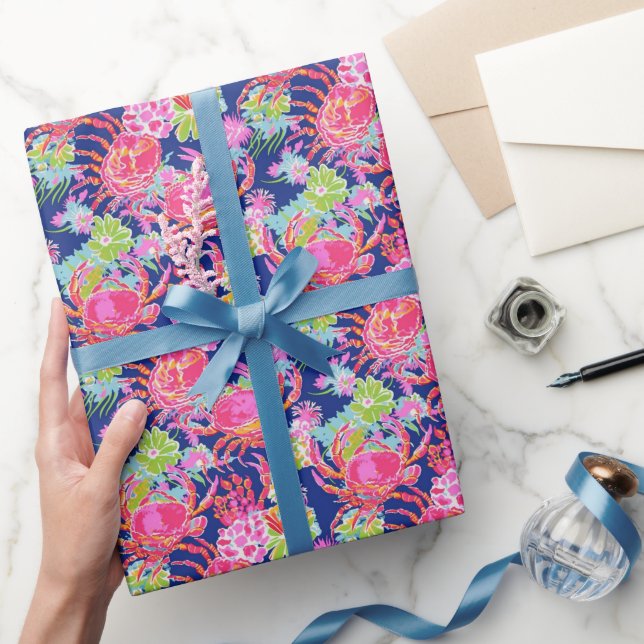 Preppy Palm Beach Ocean Floral Crabs Pattern Wrapping Paper (Gifting)