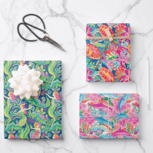Preppy Palm Beach Ocean Mermaids Turtles Dolphins Wrapping Paper Sheets