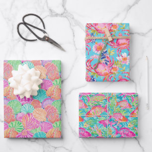 Preppy Palm Beach Ocean Shell Crab Fish Pattern Wrapping Paper Sheets