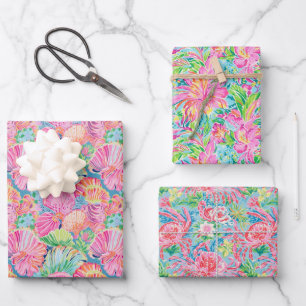 Preppy Palm Beach Ocean Shell Crab Flowers Pattern Wrapping Paper Sheets