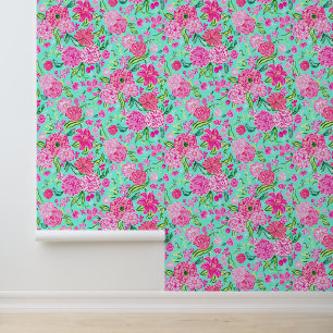 Preppy Palm Beach Pink & Aqua Flowers Wallpaper
