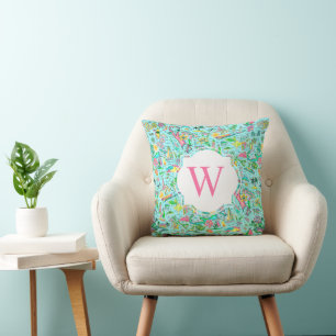 Preppy Palm Beach Pink Blue Bermuda Monogram Throw Pillow