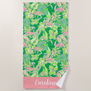 Preppy Palm Beach Pink Green Flamingo Personalized Beach Towel