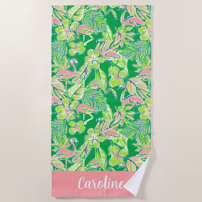 Preppy Palm Beach Pink Green Flamingo Personalized Towel (Front)