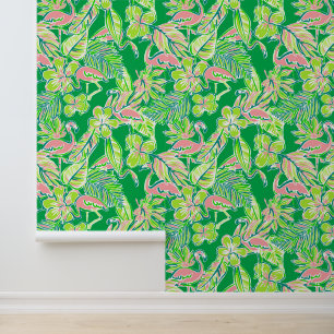 Preppy Palm Beach Pink & Green Flamingos Wallpaper