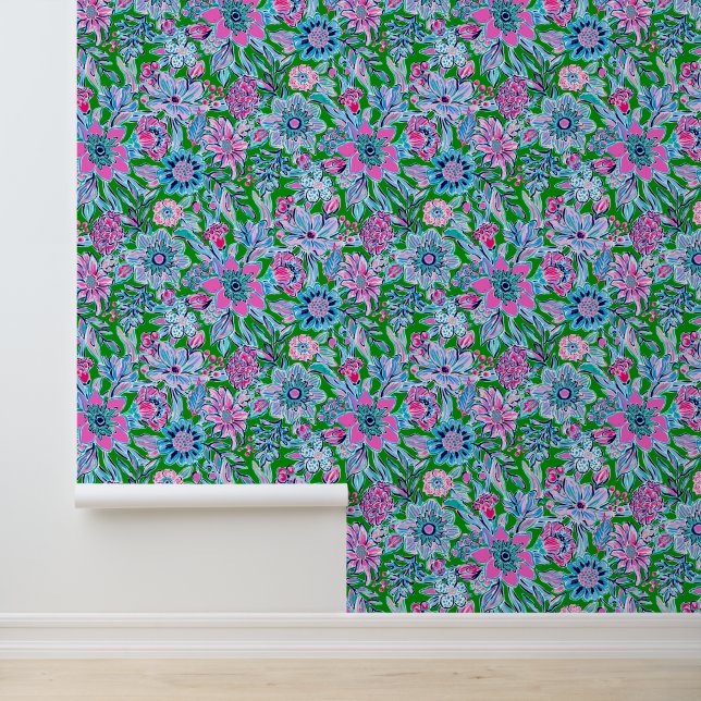 Preppy Palm Beach Pink & Green Flowers Wallpaper (Application)