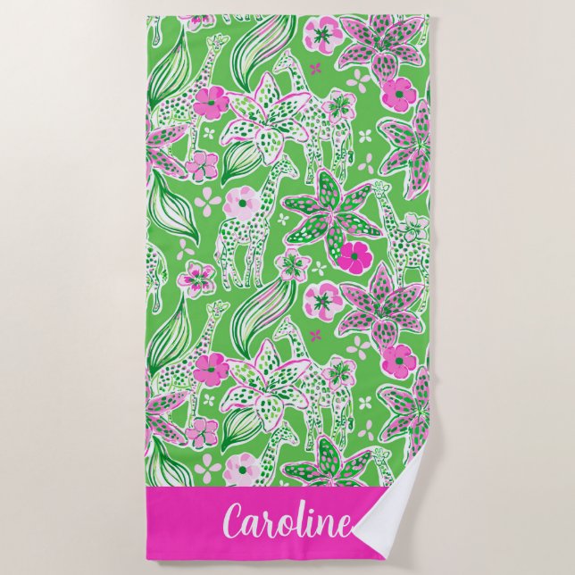 Preppy Palm Beach Pink Green Giraffes Personalized Towel (Front)