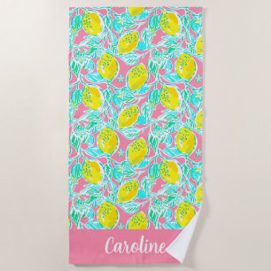 Preppy Palm Beach Pink Lemons Personalized Beach Towel