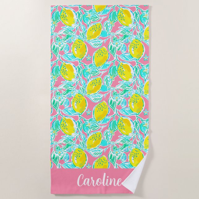 Preppy Palm Beach Pink Lemons Personalized Beach Towel (Front)