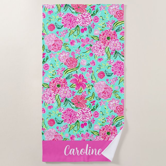 Preppy Palm Beach Pink Mint Flowers Personalized Beach Towel (Front)