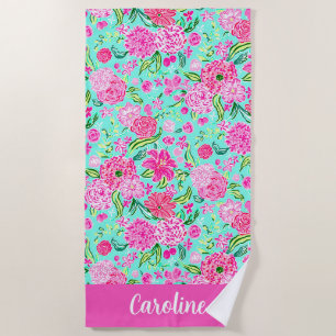 Preppy Palm Beach Pink Mint Flowers Personalized Towel