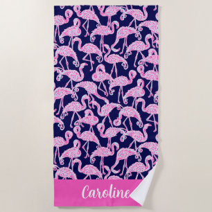 Preppy Palm Beach Pink Navy Flamingo Personalized Beach Towel
