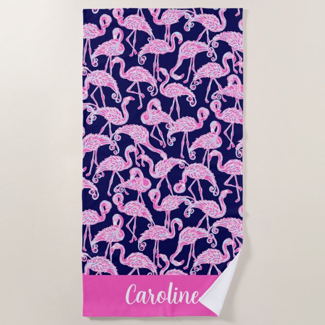 Preppy Palm Beach Pink Navy Flamingo Personalized Beach Towel (Front)