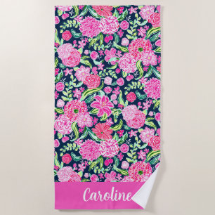 Preppy Palm Beach Pink & Navy Flowers Personalized Towel