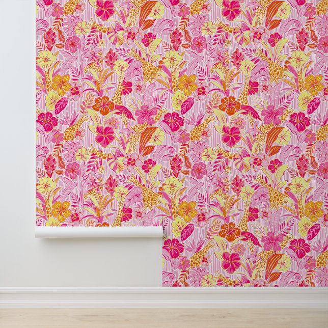 Preppy Palm Beach Pink & Orange Jungle Giraffes Wallpaper (Application)
