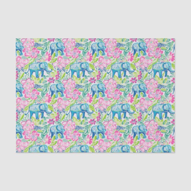 Preppy Palm Beach Print Blue and Pink Elephants Tissue Paper (Front)
