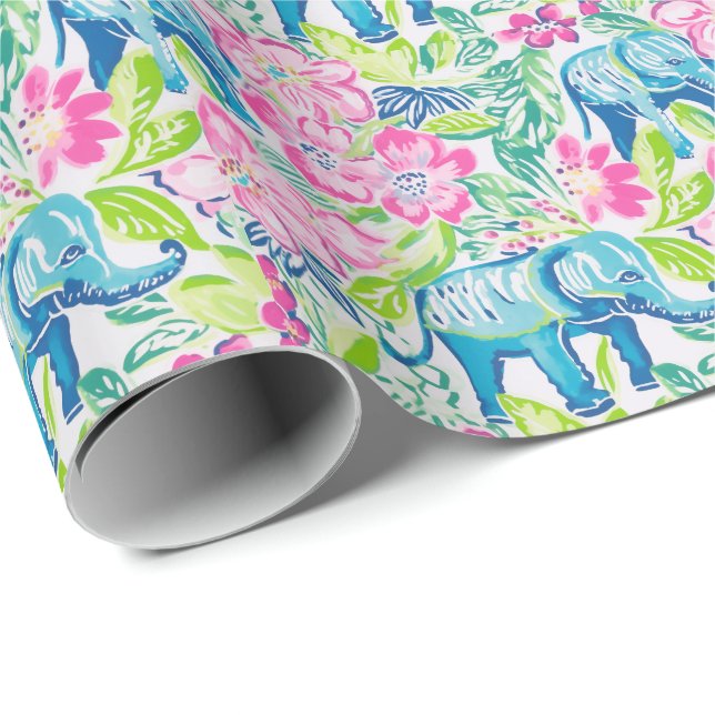 Preppy Palm Beach Print Blue and Pink Elephants Wrapping Paper (Roll Corner)