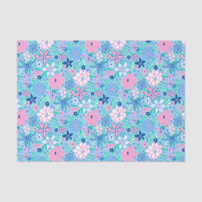 Preppy Palm Beach Print Blue and Pink Flowers Tissue Paper (Front)