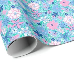 Preppy Palm Beach Print Blue and Pink Flowers Wrapping Paper