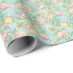 Preppy Palm Beach Print Blue and Pink Oranges Wrapping Paper