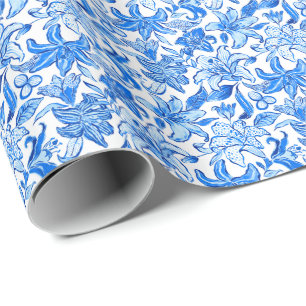 Preppy Palm Beach Print Blue and White Flowers Wrapping Paper