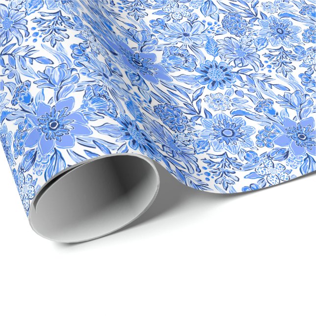 Preppy Palm Beach Print Blue and White Flowers Wrapping Paper (Roll Corner)