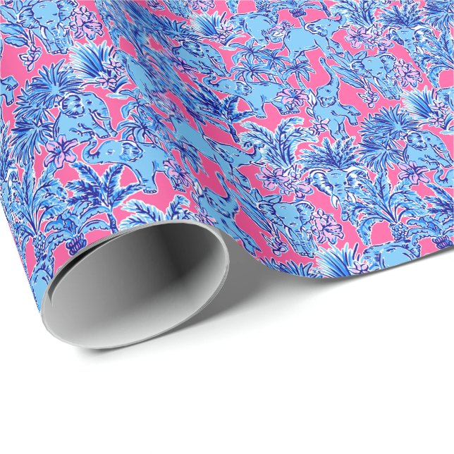 Preppy Palm Beach Print Blue Elephants Wrapping Paper (Roll Corner)