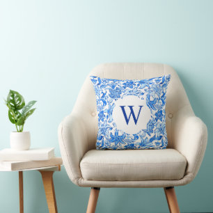 Preppy Palm Beach Print Blue Flowers Monogram Throw Pillow